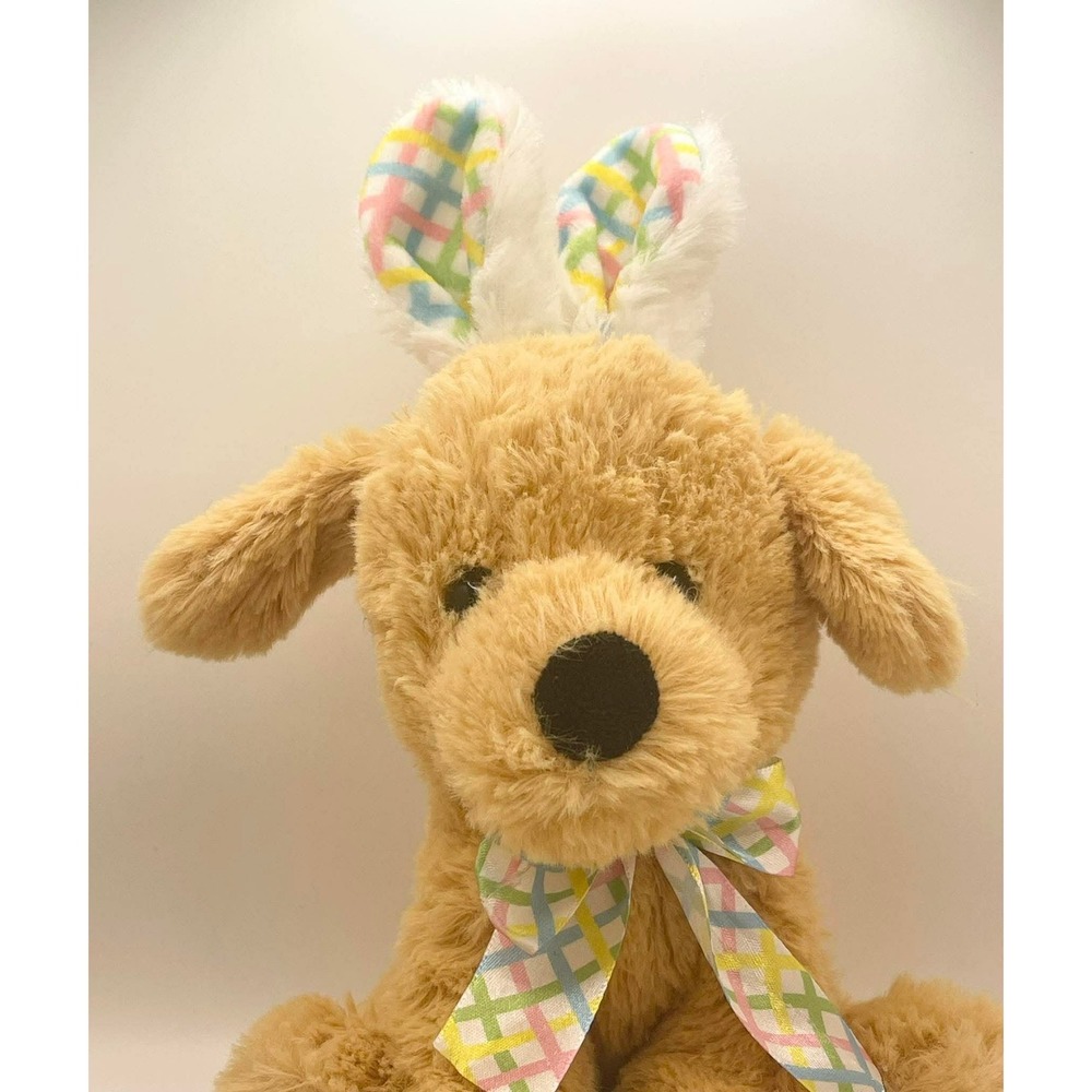 Hugfun International Easter Puppy Dog Plush Tan Bunny Ears Pastel Plaid Bow 2017